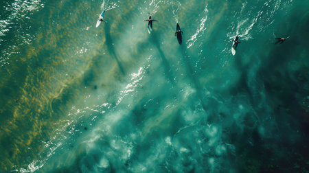 A group of surfers are riding wind waves on the electric blue water, enjoying a recreational event in the ocean. The marine biology and patterns underwater add to the beauty of the scene AIG50の素材