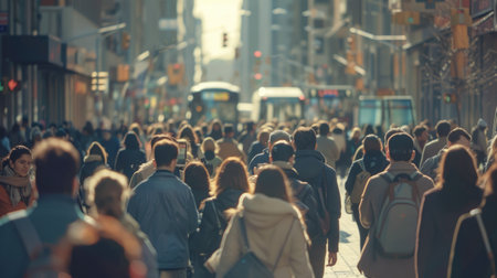 A crowd of people walking on a busy city street with a bus in the background AIG51A.の素材