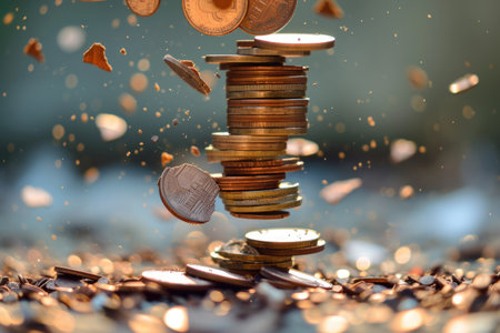 Economic downturn, debt crisis and market crash concept shown by shattering coins AIG41の素材
