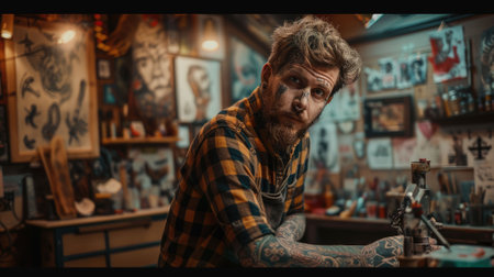 The picture of the tattoo artist is working inside the workshop that has been filled with various tattoo, the tattoo artist require skill like safety, creativity and tattoo painting technique. AIG43.の素材