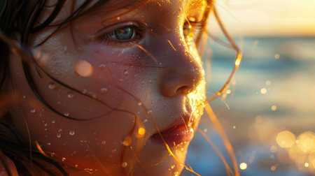 A close up of a young girls face with droplets of water on her nose, eyebrows, eyelashes, and mouth, at the beach. Her jawline and surfer hair glistening with liquid, exuding a happy and fun vibeの素材