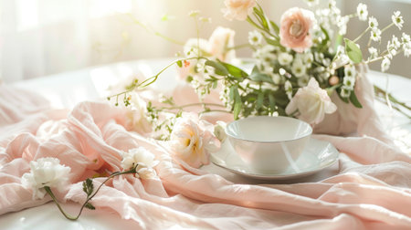 A beautifully arranged table featuring plates, silverware, and a stunning centerpiece of flowers including roses. The peachcolored petals add a touch of elegance to the creative arts display AIG50の素材