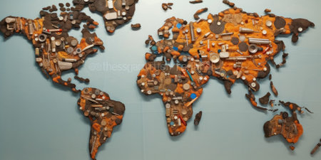 World map composed of various colorful household objects on a blue background. Recycling and environmental awareness concept. Design for sustainability campaigns, ecology presentations concept. AIG35.の素材