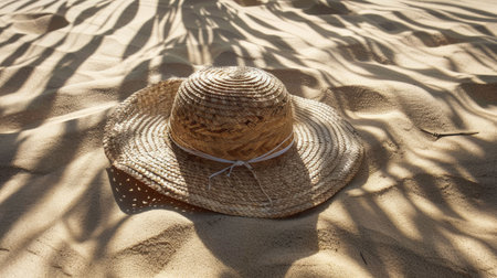 A straw hat rests on a sandy beach, blending in with the natural landscape composed of soil, wood, and aeolian landforms. Terrestrial animals and wildlife may be seen in this macro photography sceneの素材