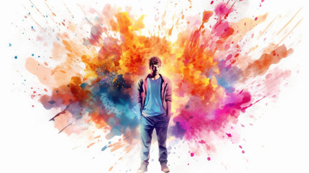Man profile with vibrant watercolor splash background. Creative and artistic portrait of man standing with colorful smoke explosion. Imagination and human expression concept for design and art. AIG35.の素材