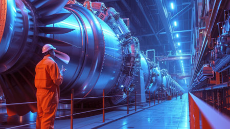 Smart engineer checking iron machine in factory while wearing safety helmet. Professional industrial worker repairing or examining machinery part or turbine machine while holding chart form. AIG42.の素材