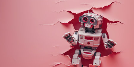 Close up view picture of the hollow pink hole on the the wall that show the robot stay inside the wall that has been made from some material yet still can be break to look through other side. AIGX03.の素材