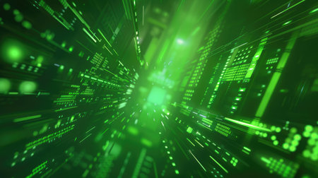 The image is a green glowing circuit board with a bright light at the end of the tunnel. AIG51A.の素材