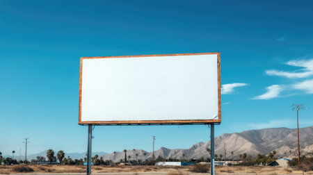 Blank billboard advertisement stand against a clear blue sky at urban cityscape with desert terrain in the background. A billboard in a field. The billboard has a metal frame. Advertisement. AIG35.の素材