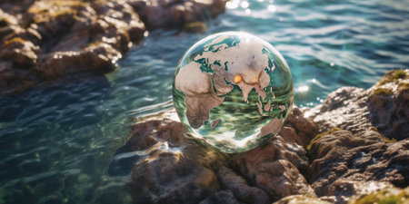 The transparent globe is resting on a pile of rough wet rocks, with smooth and round glass globe. A glass globe on a beach with blurring background. The globe is clear and has a colorful map. AIG35.の素材
