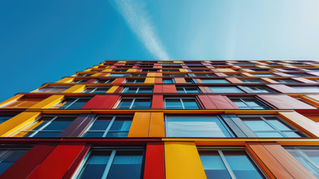 The colourful structure under the bright clear blue sky with the ray of light from brightest sun that cover most part of the building but even that the structure still left some the shadow. AIGX03.の素材