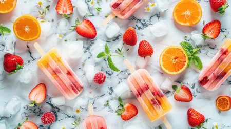 A colorful rectangle of natural foods art, featuring a dish of popsicles made with strawberries and blueberries as key ingredients in a refreshing peach cuisine recipe AIG50の素材