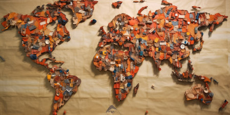 World map composed of various colorful household objects on cream background. Recycling and environmental awareness concept. Design for sustainability campaigns, ecology presentations concept. AIG35.の素材