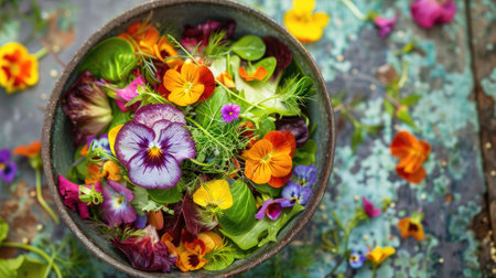 An artful arrangement of leafy greens and colorful flowers in a bowl, placed on a vibrant blue table. The natural landscape is enhanced with this beautiful botanical illustration AIG50の素材