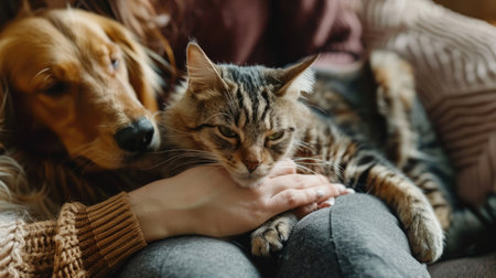 A woman is petting a cat and a dog. AIG51A.の素材
