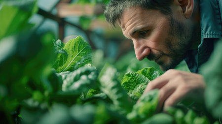 Close up of professional smart agricultural worker checking and inspecting plant. Attractive smart farmer taking care of agricultural product and harvest crop at green house. Farmer concept. AIG42.の素材