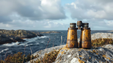 A pair of binoculars rests on a sturdy rock overlooking the ocean, where wind waves crash against the rocky shores and liquid water meets solid bedrock AIG50の素材