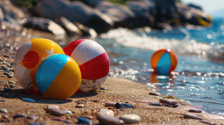Three colorful beach balls are scattered on the sandy shore, inviting people to enjoy leisure and fun by the water. A perfect scene for a beach event or recreational activity AIG50の素材