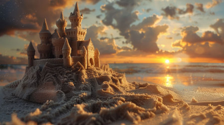 A magnificent sand castle stands tall on the beach, surrounded by the breathtaking natural landscape of the sunset sky, water, and plant life AIG50の素材