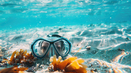 A pair of scuba diving goggles lay on the sandy beach, with azure waters and blue skies creating a picturesque natural landscape. Vision care eyewear for underwater adventures AIG50の素材