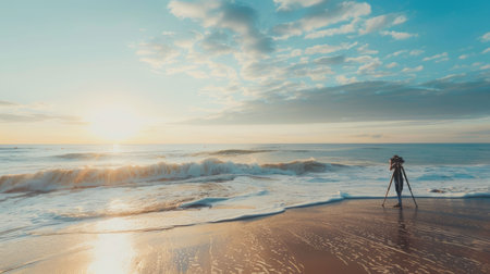 A camera is perched on a tripod, capturing the fluidity of water meeting the sky at the beach. Clouds dance across the horizon, creating a stunning landscape against the backdrop of this serene eventの素材