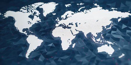 Digital world map with glowing cyber data points on dark blue background. Global connectivity and internet technology concept. Design for network, communication, technology innovation theme. AIG35.の素材