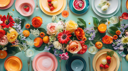 An artfully arranged table featuring a variety of dishes, garnished with fresh flowers. A beautiful display for sharing and enjoying delicious cuisine at a special event AIG50の素材