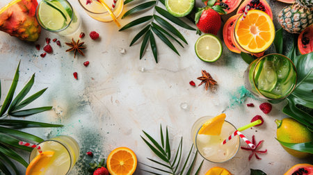 A variety of fruits and vegetables, including Rangpur, yellow, and other ingredients, are beautifully arranged in a circle on a table for a vibrant and colorful dishware display AIG50の素材