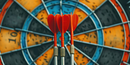 Three red darts hit the center of a dartboard. AIG51A.の素材