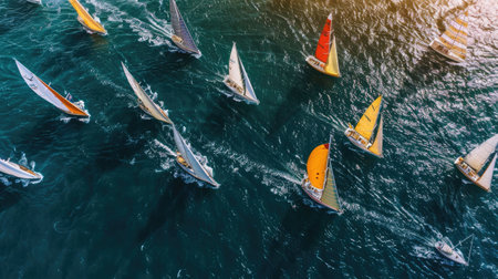 A group of sailboats is peacefully floating on the calm water, creating a picturesque scene of adventure and recreation. The electric blue sky above adds to the beauty of the event AIG50の素材