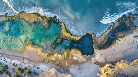 A breathtaking aerial view of a water body encircled by rocks, with green grass and trees creating a stunning natural landscape resembling a painting AIG50の素材