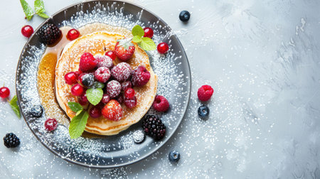 A stack of pancakes topped with strawberries and blueberries on a plate. The perfect combination of sweet fruit and fluffy pancakes, a delicious breakfast choice AIG50の素材