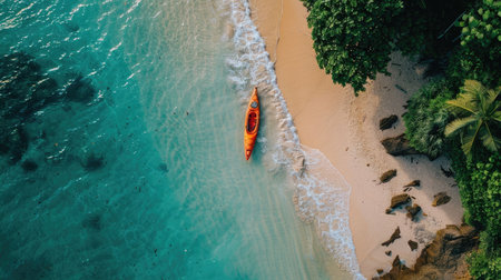 A serene aerial view of a wooden kayak floating in the clear waters near a sandy beach, with lush green trees creating a beautiful natural landscape AIG50の素材