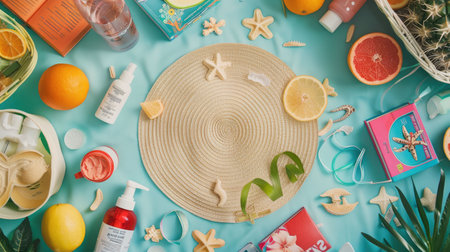 Aqua picnic blanket with an azure round table surrounded by green pillows and a magenta patterned circle. An artistic and electric blue design for a cozy outdoor gathering with a touch of nature AIG50の素材