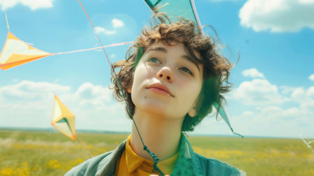 The picture of the person is playing the kite under the bright light from the sun of the clear blue sky that can be conveying the feeling of the happiness, freedom, playful and joyful emotion. AIG43.の素材