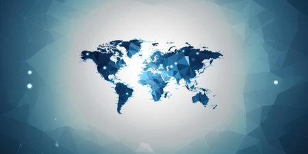 Stylized blue network connections on world map background representing global communication concept. Suitable for technology and business-related designs. Internet global connection concept. AIG35.の素材