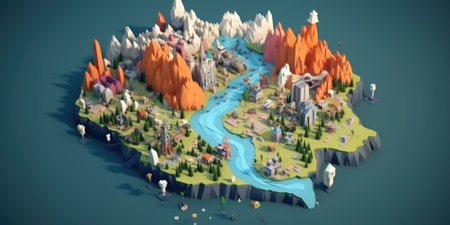 Stylized low-poly 3D map with a river winding through colorful landscapes. A low-poly artwork of a floating island with various element such as river, mountain. Digital art for geography. AIG35.の素材