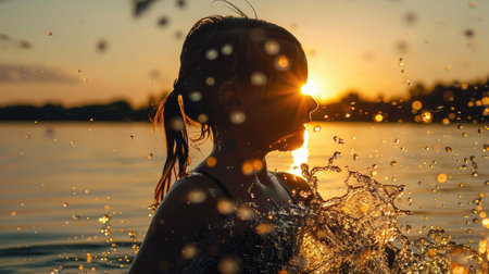 A young girl is happily swimming in the liquid landscape of the ocean at sunset, enjoying the fluid motions and reflections on the waters surface AIG50の素材