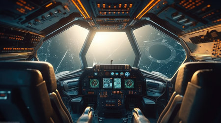 Futuristic spaceship cockpit interior with a view of space station and stars. A large spaceship window show view of space and modern cockpit with control panel with glowing light. Technology. AIG35.の素材