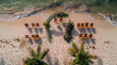 An aerial view of a beach wedding ceremony with chairs and flowers overlooking the water, surrounded by nature and plantfilled landscape AIG50の素材