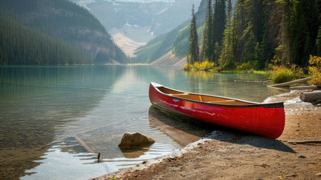 A red canoe is docked on the shore of a picturesque lake with majestic mountains towering in the background, surrounded by a serene natural landscape under a cloudy sky AIG50の素材