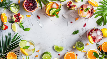 A variety of fruits and vegetables, including Rangpur, yellow, and other ingredients, are beautifully arranged in a circle on a table for a vibrant and colorful dishware display AIG50の素材