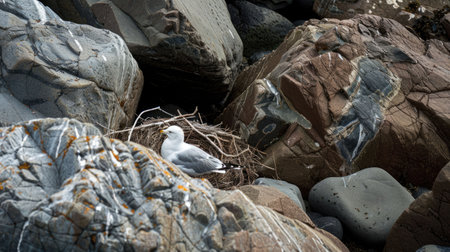 A seabird with a sharp beak, part of the Charadriiformes order, is perched on a rock nest made of natural materials on the bedrock soil landscape AIG50の素材