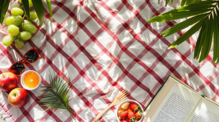 A plantbased picnic blanket with a variety of natural foods and a book on a beach with grass patterns, creating an artistic and relaxing atmosphere AIG50の素材