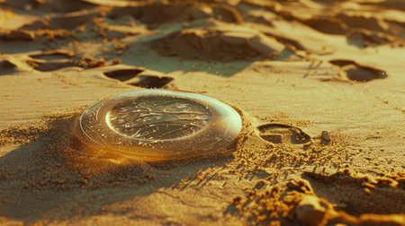 A pocket watch rests on the sandy beach, surrounded by the natural landscape of water, wood, rocks, and grass, creating a picturesque scene AIG50の素材