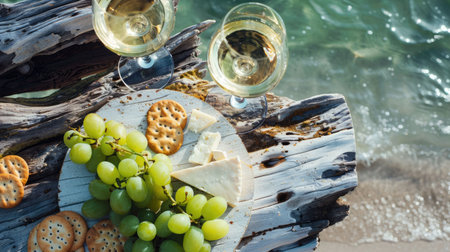 A wooden table displaying a delicious recipe with ingredients such as cheese, grapes, crackers, and a glass of wine. A natural foods dish showcasing the beauty of plantbased cuisine AIG50の素材