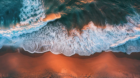 A breathtaking aerial view of a wave crashing against a mountain at sunset, showcasing the unique combination of water, heat, and geological phenomenon in the natural landscape AIG50の素材