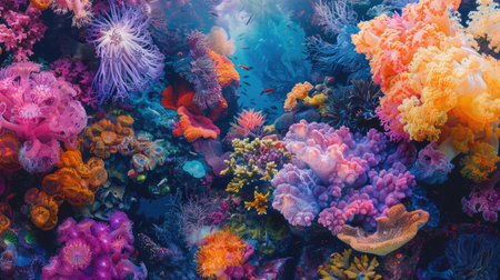 An electric blue painting of a coral reef with vibrant sponges and corals, showcasing the beauty of marine organisms through art and entertainment AIG50の素材