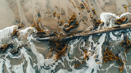 A breathtaking aerial view of waves crashing on a sandy beach, creating a beautiful water and rock landscape art in the world AIG50の素材