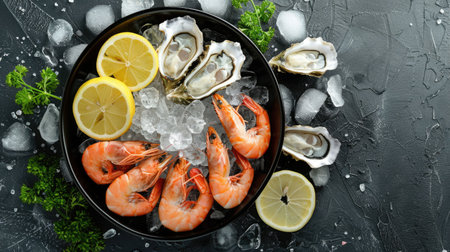 A bowl of oysters, shrimp, lemons, and ice sits on a table, ready to be enjoyed. This arrangement of fresh seafood and citrus is perfect for a refreshing seafood dish AIG50の素材